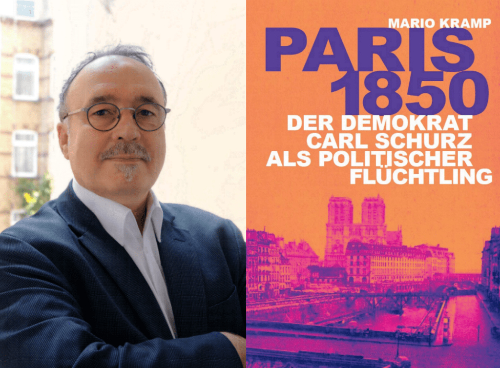 Porträt von Dr. Mario Kramp neben dem Cover seines Buches „Paris 1850“